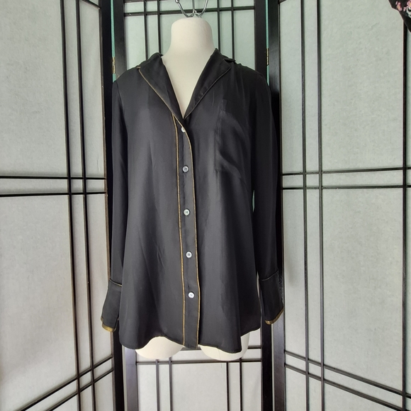 Frame Denim Tops - Frame 100% Silk Black Button Down Shirt with Gold Trim